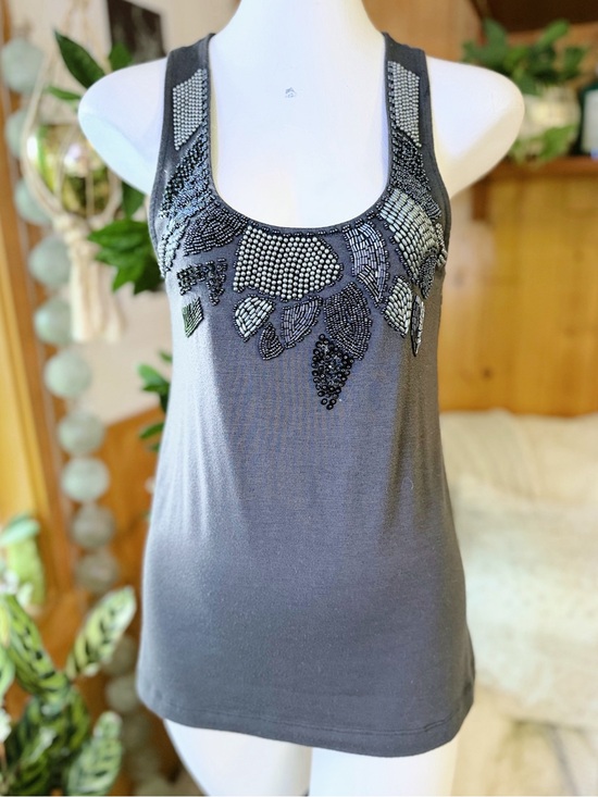 Forever 21 Tops - Twenty One Forever 21 Gray Beaded Embellished Racerback Tank Top M Y2K